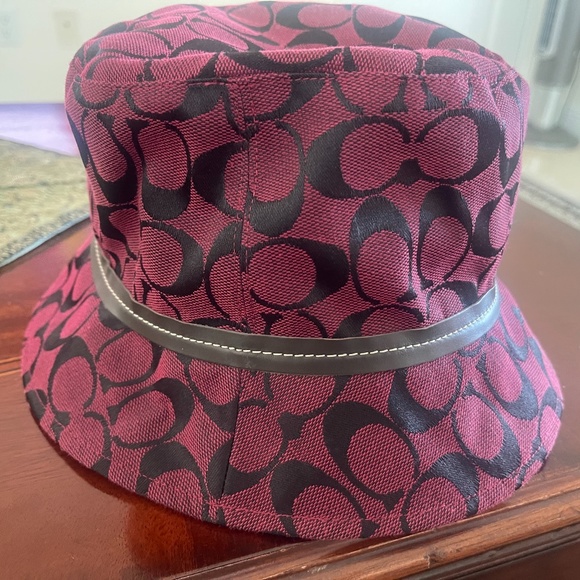 Coach Signature Monogram Canvas Bucket Hat with Brown Leather Trim - Picture 1 of 5